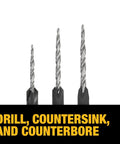 DEWALT countersink drill bit set, 3-piece (#6, #8, #10) with silver fluted bits and black shanks