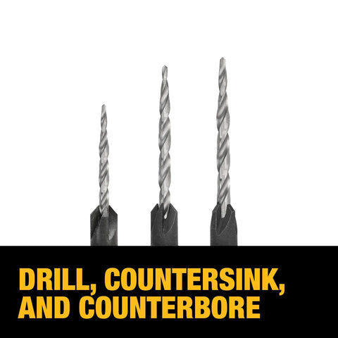 DEWALT countersink drill bit set, 3-piece (#6, #8, #10) with silver fluted bits and black shanks
