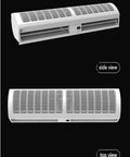 Heavy Duty Air Curtain Pumping Out Mean Airflow And Running Smooth As Silk With Dual Fan Speeds Adjustable Swivel Vane And Total Remote Ease For Tight Thermal Lockdown And Zero Drama Wall Installs - side and top view of white metal housing.