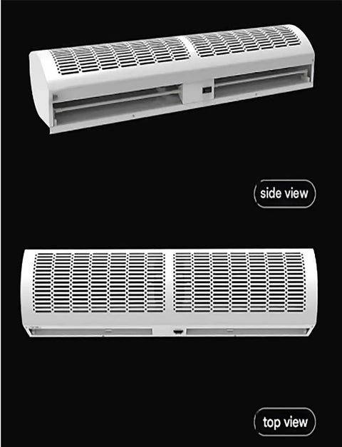 Heavy Duty Air Curtain Pumping Out Mean Airflow And Running Smooth As Silk With Dual Fan Speeds Adjustable Swivel Vane And Total Remote Ease For Tight Thermal Lockdown And Zero Drama Wall Installs - side and top view of white metal housing.
