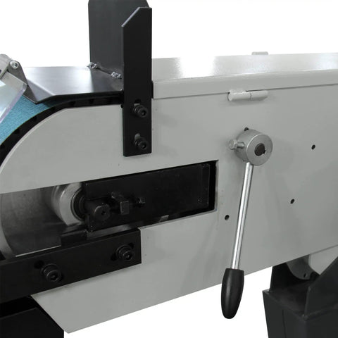 Pro Grade Industrial Belt Grinder Built Tough Shop Workhorse Featuring A Wide 6 X 79 Inch Belt And Dual Speed Control close-up of adjustment lever and belt housing.