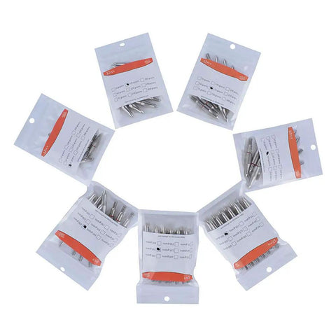 Archery Screw In Arrow Points Set, 12 Stainless Steel Field Tips, packaged in circular formation.
