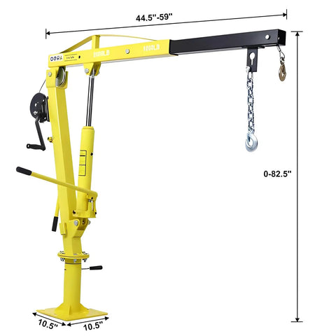 Heavy Duty Hydraulic Engine Hoist With Foldable Cherry Picker Frame, 2000 Lb Capacity showing telescoping boom and dimensions.