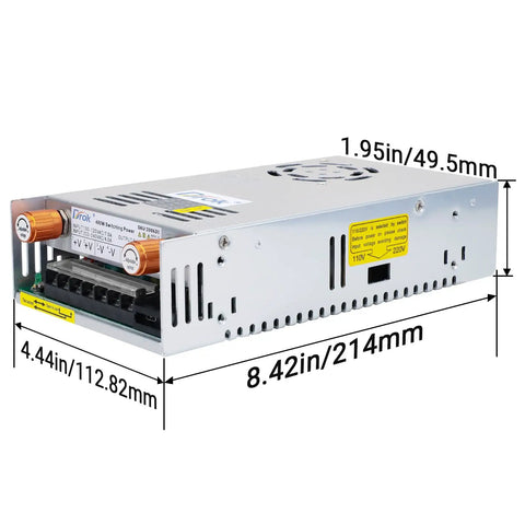Bench Power Supply 0-60V Adjustable DC Buck Converter 8A 480W With 110V 220V Input with dimensions labeled