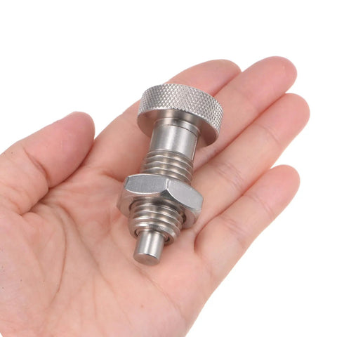 Top Shelf Stainless Steel Spring Plunger Featuring A Sweet Knurled Grip M16X2 Threads And Eight Mm Pin Non Locking Index Design in hand.