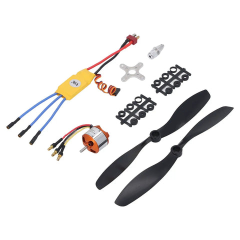 A2212 1400KV Brushless Drone Motor With 30A ESC Kit For 2 3S LiPo Batteries components including motor, ESC, and propellers