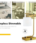 Gold Table Lamps Set Of 2 for Bedroom And Desk Lights with stepless dimmable frosted glass shade and USB charging
