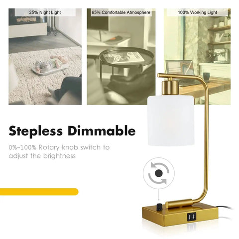 Gold Table Lamps Set Of 2 for Bedroom And Desk Lights with stepless dimmable frosted glass shade and USB charging