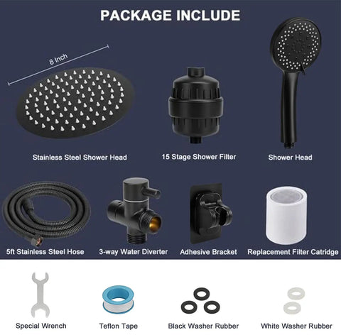 Package contents of High Pressure 8 Inch Round Rain Shower With 5 Settings Handheld Filter Combo Matte Black Self Adhesive Holder