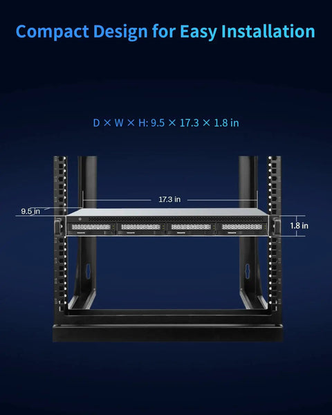 Rock Solid Four Bay 1U Rack Mount Diskless DAS Hard Drive Enclosure featuring compact dimensions of 9.5x17.3x1.8 inches.