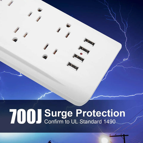 Close-up of 15 Foot Power Strip Surge Protector With Ten Widely Spaced Outlets Flat Low Profile Plug Wall Mountable White USB Ports