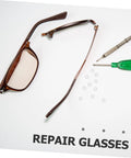 Eyeglass Screw Gaskets And Metal Washers For Rimless Frames Durable Eyewear Fix Kit with tools for repairs displayed
