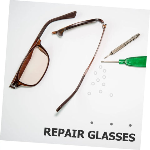 Eyeglass Screw Gaskets And Metal Washers For Rimless Frames Durable Eyewear Fix Kit with tools for repairs displayed