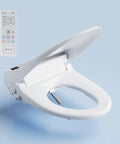 Round Bidet Toilet Seat With Wireless Remote Instant Warm Water Wash Heated Seat with control panel on light blue background.
