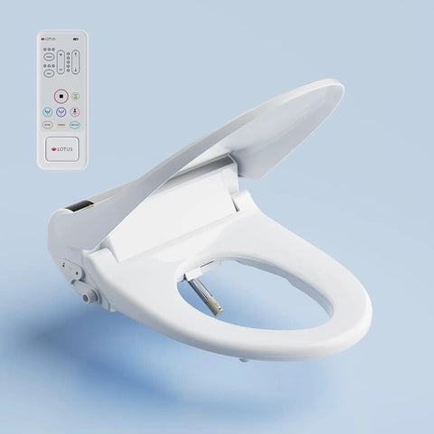 Round Bidet Toilet Seat With Wireless Remote Instant Warm Water Wash Heated Seat with control panel on light blue background.