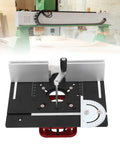 Router Lift System With 4 Jaw Clamping, 51mm Stroke, Base Plate For 64-66mm Motors, Beefed Up Engraving Slotting Trimming Router Table Insert Base Plate shown with handle and angle scale