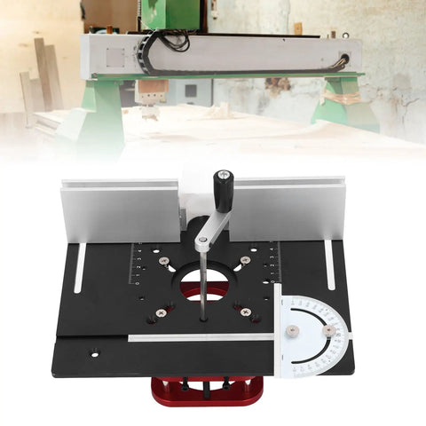 Router Lift System With 4 Jaw Clamping, 51mm Stroke, Base Plate For 64-66mm Motors, Beefed Up Engraving Slotting Trimming Router Table Insert Base Plate shown with handle and angle scale