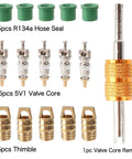 R410a Mini Split Adapter Kit components including hose seals, valve cores, thimbles, and valve core remover for HVAC service