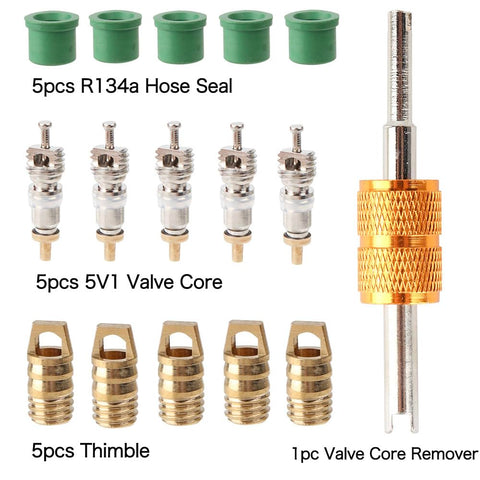 R410a Mini Split Adapter Kit components including hose seals, valve cores, thimbles, and valve core remover for HVAC service