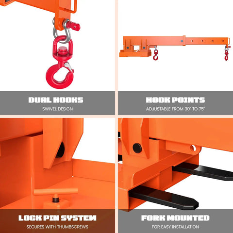 Close-up of dual swivel hooks and adjustable hook points of Heavy Duty Forklift Jib Boom Crane Attachment With No Fuss Tool Free Setup And Rock Solid Steel Build For Swift Rigging Up To 5511 Pounds Load Capacity Featuring Dual Swivel Hooks And Flexible Angles.