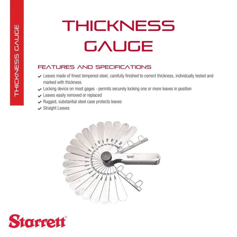 Tempered Steel Thickness Gauge With Easily Removed Leaves For Precise Carpenter Grade Measurements Perfect For Home Improvement Projects 22 Leaves Range From.0015 To.035 Inches Model 572A displayed fanned out, showcasing individual straight leaves with marked measurements, Starrett branding visible.