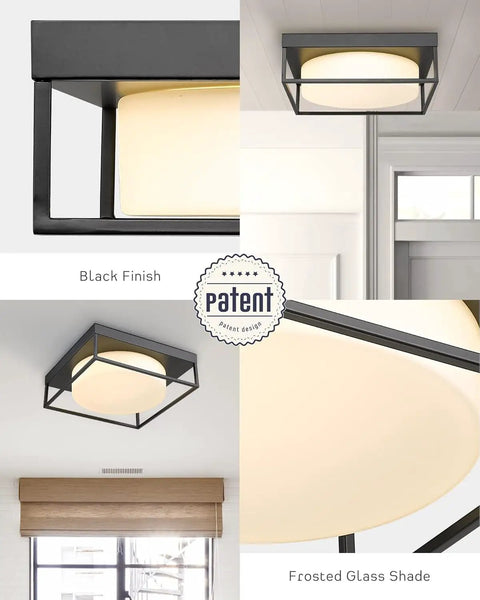 Black Square Flush Mount Ceiling Light With Frosted Glass Shade 12 Inch Slick Modern LED Fixture 24W 950LM Dimmable 3000K Warm White