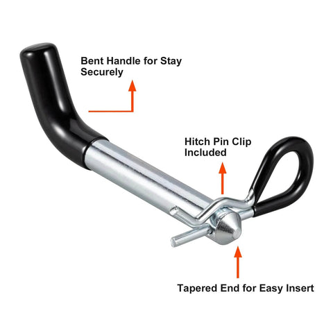 Heavy Duty Trailer Hitch Pins And Clips Four Pack, 5/8 Inch Diameter With Rubber Coated Black Grip, zinc plated steel