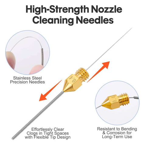 High-strength nozzle cleaning needles with flexible tip design, part of 40 Piece 3D Printer Nozzle Cleaning Kit With 0.4mm Stainless Steel Cleaning Needles Universal Clog Removal Tool Set For Most 3D Printers Pro Grade Nozzle Maintenance To Keep Prints Flowing Neatly Stored In 2 Bottles