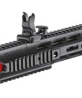 Close-up of Gen 2 M4 SPR Carbine Blue Airsoft AEG Rifle With Top Tier Full Metal Gearbox barrel front sight.