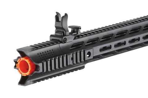 Close-up of Gen 2 M4 SPR Carbine Blue Airsoft AEG Rifle With Top Tier Full Metal Gearbox barrel front sight.