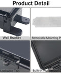 Close-up of IP67 Waterproof ABS Junction Box with hinged black cover, wall bracket, removable mounting plate, and lockable tab.