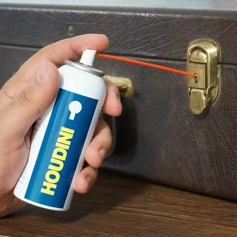 Lock Lube Penetrating Lubricant For Tight Spaces 2 Oz Cans Pack Of 2 being applied to a lock with spray nozzle