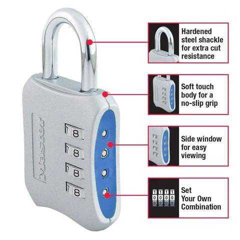 Resettable Four-Digit Locker Lock For Gym And School Lockers Blue Two Pack No Key Needed Durable Metal Body Hardened Shackle Non-Slip Grip Easy To Set Bright Color For Quick Identification with diagram highlighting features
