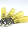 Slick Heavy Duty Waterproof Heat Shrink Ring Wire Connectors For Marine And Auto Wiring Rock Solid Copper Tin Plated M10 3/8 Screw Terminals AWG 12-10 Yellow 10 Piece Bulk Pack showing yellow connectors and copper terminals.