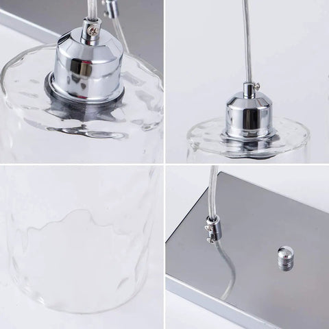 Close-up of Three Light Clear Hammered Glass Pendant Lights for Modern Kitchen Island in Chrome Finish Hanging Light Fixture