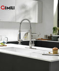 Pull Down Sprayer Kitchen Faucet With Single Handle And Two Independent Nozzles, Brushed Nickel Finish, in modern kitchen sink area