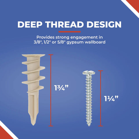 Self Drilling Drywall Anchors With Screws Kit 20 Pack Durable Plastic Wall Fasteners with deep thread design
