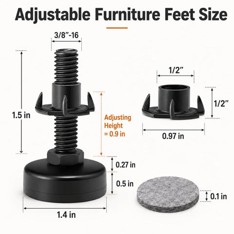 Beefy Heavy Duty Adjustable Furniture Leveling Feet Four Pack With Three Eighths Inch Sixteen Thread Floor Safe Felt Pads 20mm To 45mm Height For Tables Chairs And Cabinets Quiet Floor Protectors dimensions