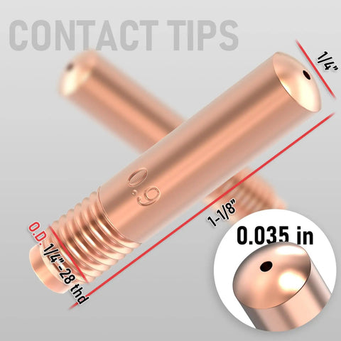 Top Tier Yeswelder Mig Welding Gun Accessory Kit With 0.035 Inch Tip Nozzle And Diffuser For Miller Millermatic M-10 And Hobart H-9 Torches showing two copper contact tips with measurements.