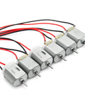 Six compact 130 DC motors with wire leads for Arduino DC motor set, ideal for robotics and DIY projects, 15x20 mm size, 2 mm shaft.