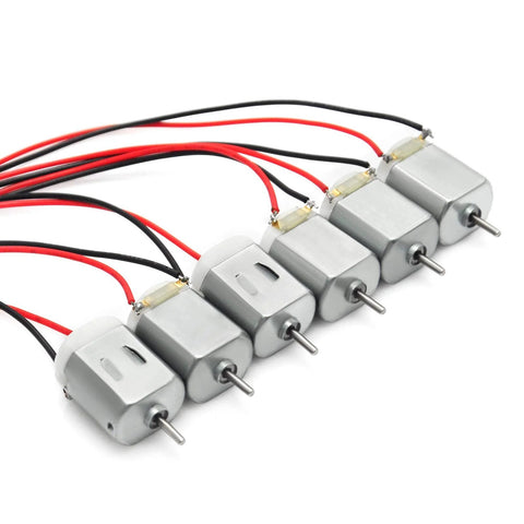 Six compact 130 DC motors with wire leads for Arduino DC motor set, ideal for robotics and DIY projects, 15x20 mm size, 2 mm shaft.