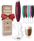 Elementi Handheld Electric Drink Mixer Wand In Burgundy, whisking drinks with frothed milk and coffee, battery operated design.