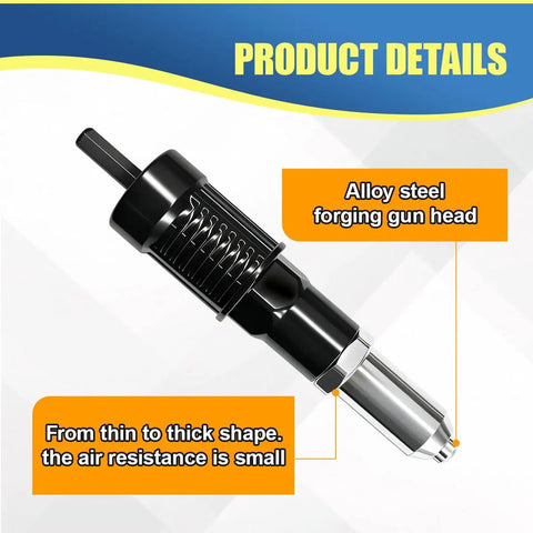 Deaelf Universal Pop Rivet Gun Adapter Kit With Four Interchangeable Guide Nozzles For Quick Riveting Setup showing alloy steel forging gun head.
