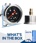 Front view of SENCTRL 0-15 psi inline gauge with 1-1/2 in black dial, stainless steel case, 1/8 in NPT back mount