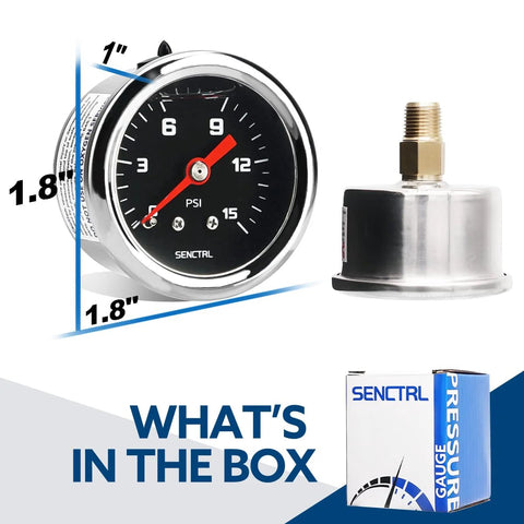 Front view of SENCTRL 0-15 psi inline gauge with 1-1/2 in black dial, stainless steel case, 1/8 in NPT back mount