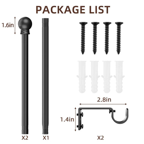 Black Curtain Rod Set With Brackets For Windows 28 To 48 Inches, 5/8 Inch Decorative Heavy Duty Curtain Rod package contents