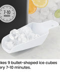 Dual Size Countertop Ice Maker For Home And Office, Fast 9 Ice Cubes In 7 Minutes, ice scoop with bullet ice cubes displayed
