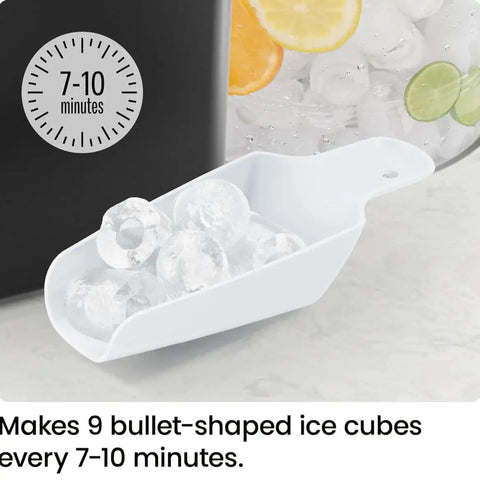 Dual Size Countertop Ice Maker For Home And Office, Fast 9 Ice Cubes In 7 Minutes, ice scoop with bullet ice cubes displayed