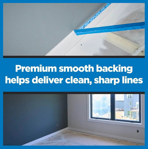 Close-up of PROSharp Painter's Tape 1.5 in x 60 yd, showcasing sharp paint lines on a wall with blue tape for indoor use.