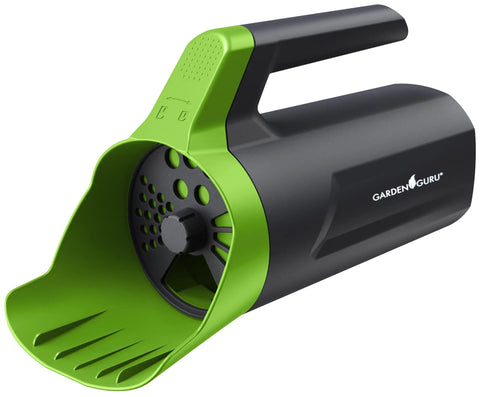 Handheld Seed Spreader Pro For Lawn Care And Snow Removal Multi Use Spreader black and green with twist cap and ergonomic handle.